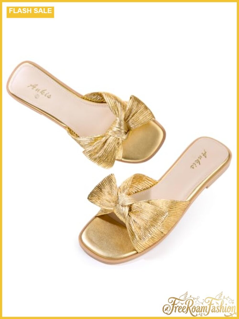 Pleated Bow Flat Slide Sandals Square Open Toe Dressy Comfort Satin